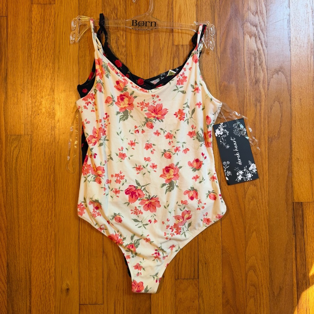 Derek Heart 2 Pack Floral Bodysuits - Cream and Pink/Black and Red Size L